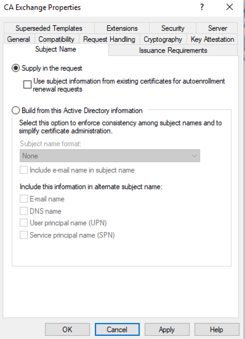 A screenshot showing the Subject Name settings for the AD CS certificate