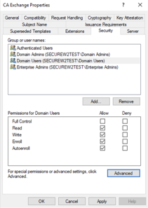 A screenshot showing the ACL permissions for an AD CS certificate.