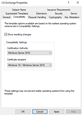 A screenshot showing the compatibility settings for the AD CS certificate