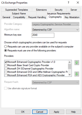 A screenshot showing the cryptography settings for the AD CS certificate