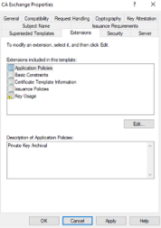 A screenshot showing the extensions settings for the AD CS certificate