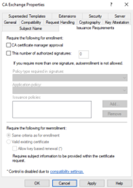 A screenshot showing the issuance requirements for an AD CS certificate.
