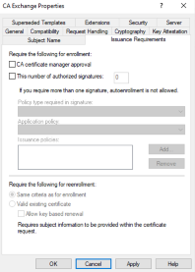 A screenshot showing the issuance requirements settings for the AD CS certificate