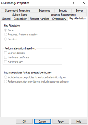 A screenshot showing the key attestation settings for the AD CS certificate