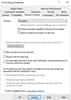 A screenshot showing the request handling settings for the AD CS certificate