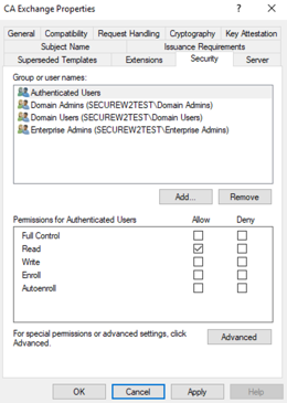 A screenshot showing the security settings for the AD CS certificate