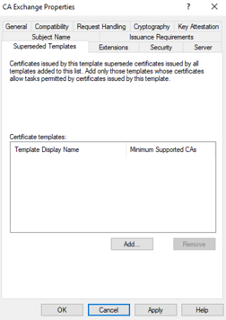 A screenshot showing the superseded templates settings for the AD CS certificate
