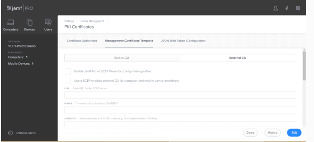 Jamf Pro administrative console showing PKI certificate and SCEP settings.