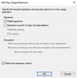 A screenshot showing the signature key usage extension.