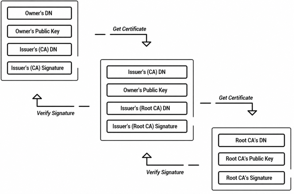 Diagram demonstrating the workflow of how the PKI certificate trust chain works