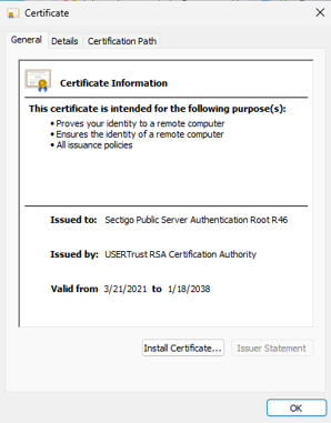 Screenshot of two different Sectigo Public Server Authentication Root R46 certificates side by side. Both have different “issued by” authorities.